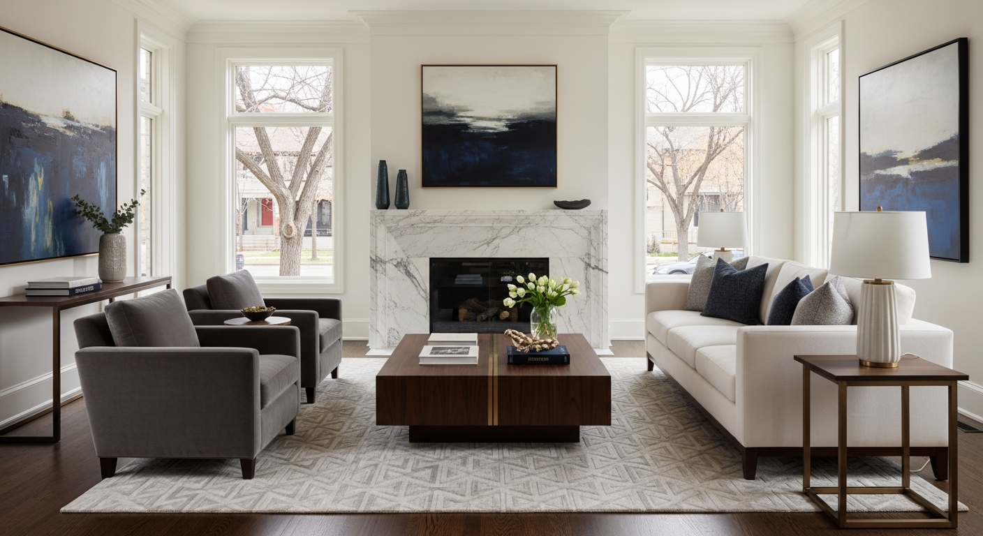 Sunlit luxury living room with floor-to-ceiling windows and a marble fireplace in a Cherry Creek Denver home
